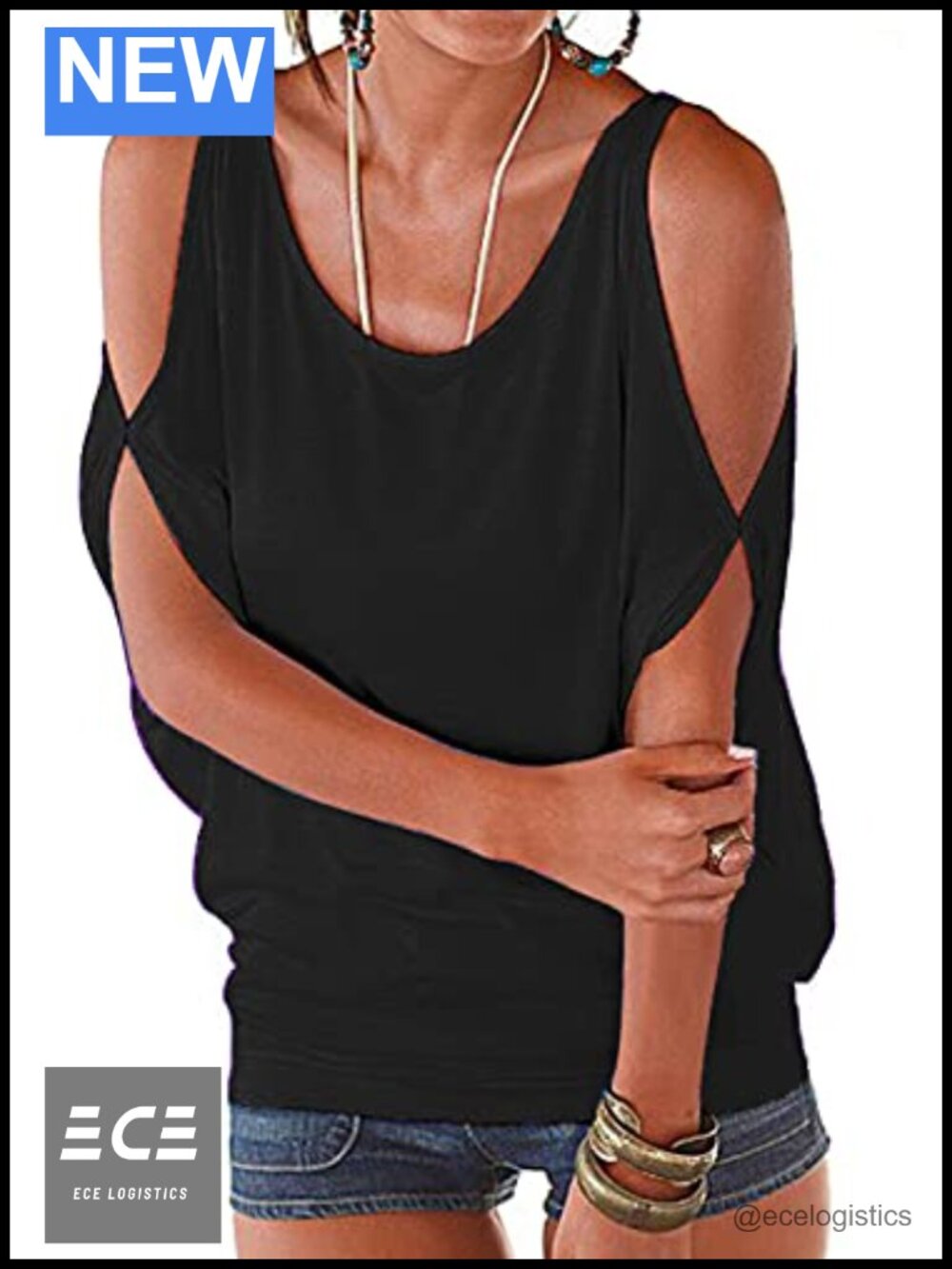 Cold Shoulder Summer Top Scoop Neck Batwing Short Sleeve Loose Fit Blouse